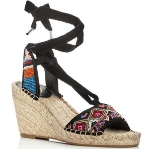 ASH Paola Round Toe Wedge Lace Up Platform Espadrille Shoes Black Geometric 37